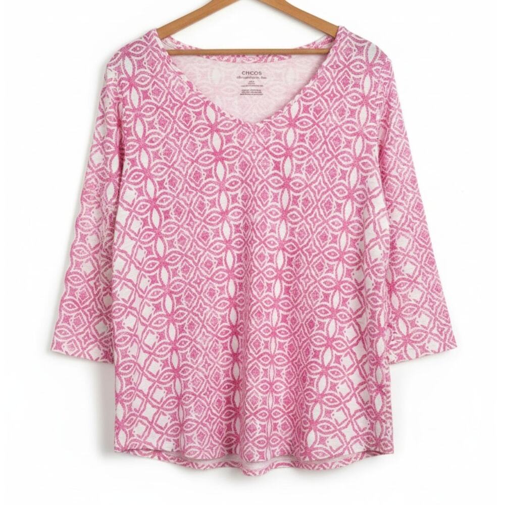 Chicos Womens XL‎ Pink Geometric Medallion Ultimate Tee Boho Preppy Vacation Top